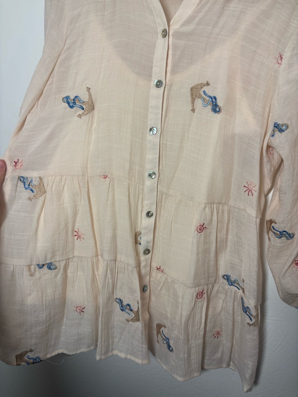 Hope Springs Anchor Sailing Embroidered Tiered Button-Down Shirt Size Small - Picture 2 of 9